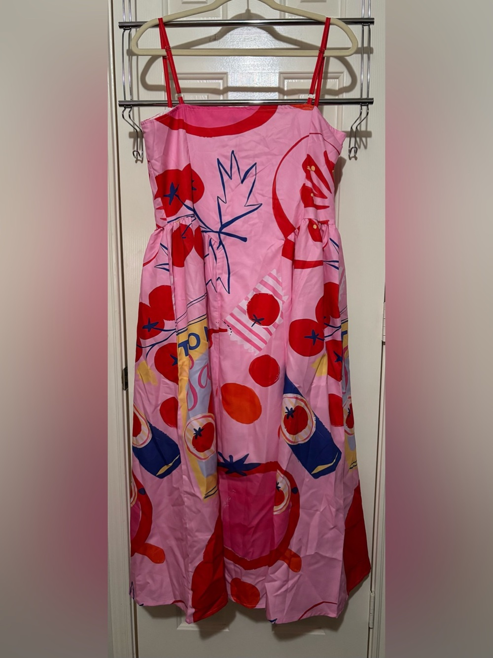 NWOT Pink and Red Printed Midi Dress with Slim Straps - Picture 4 of 4